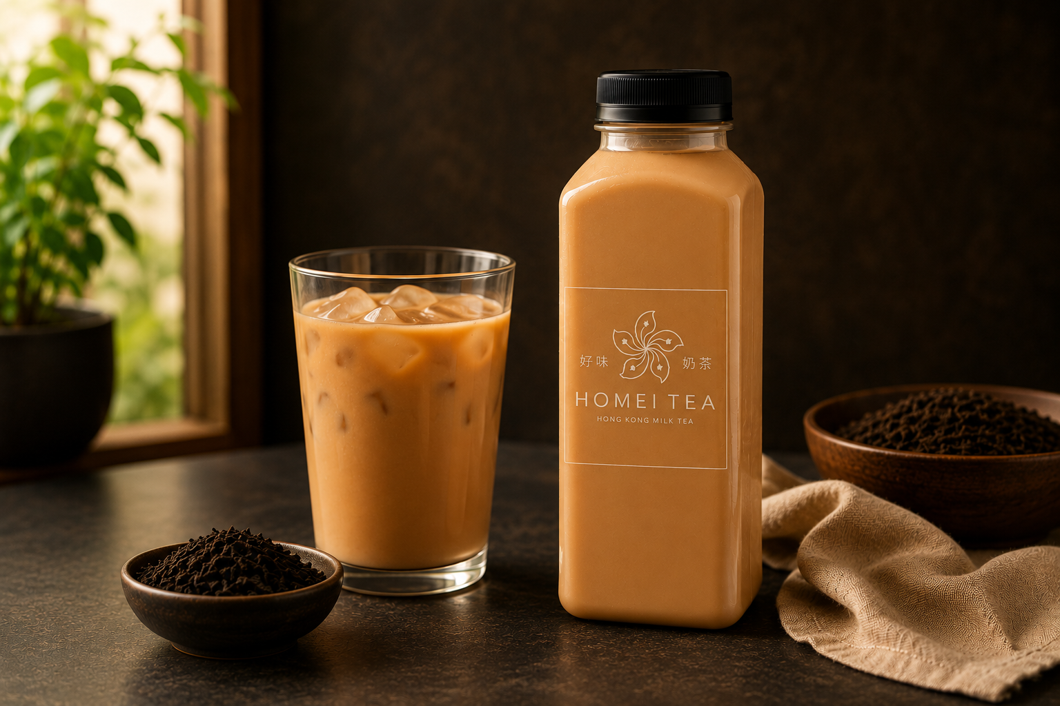 Bottled Homei Tea Hong Kong milk tea next to a glass of iced milk tea
