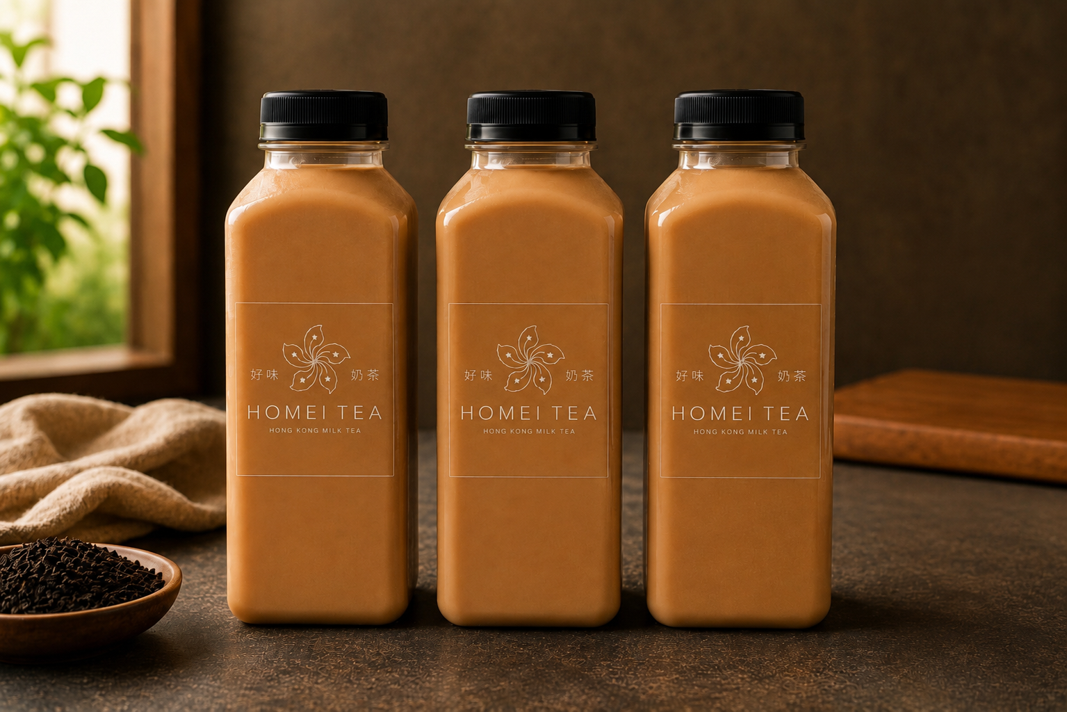 Three bottles of Homei Tea Hong Kong milk tea