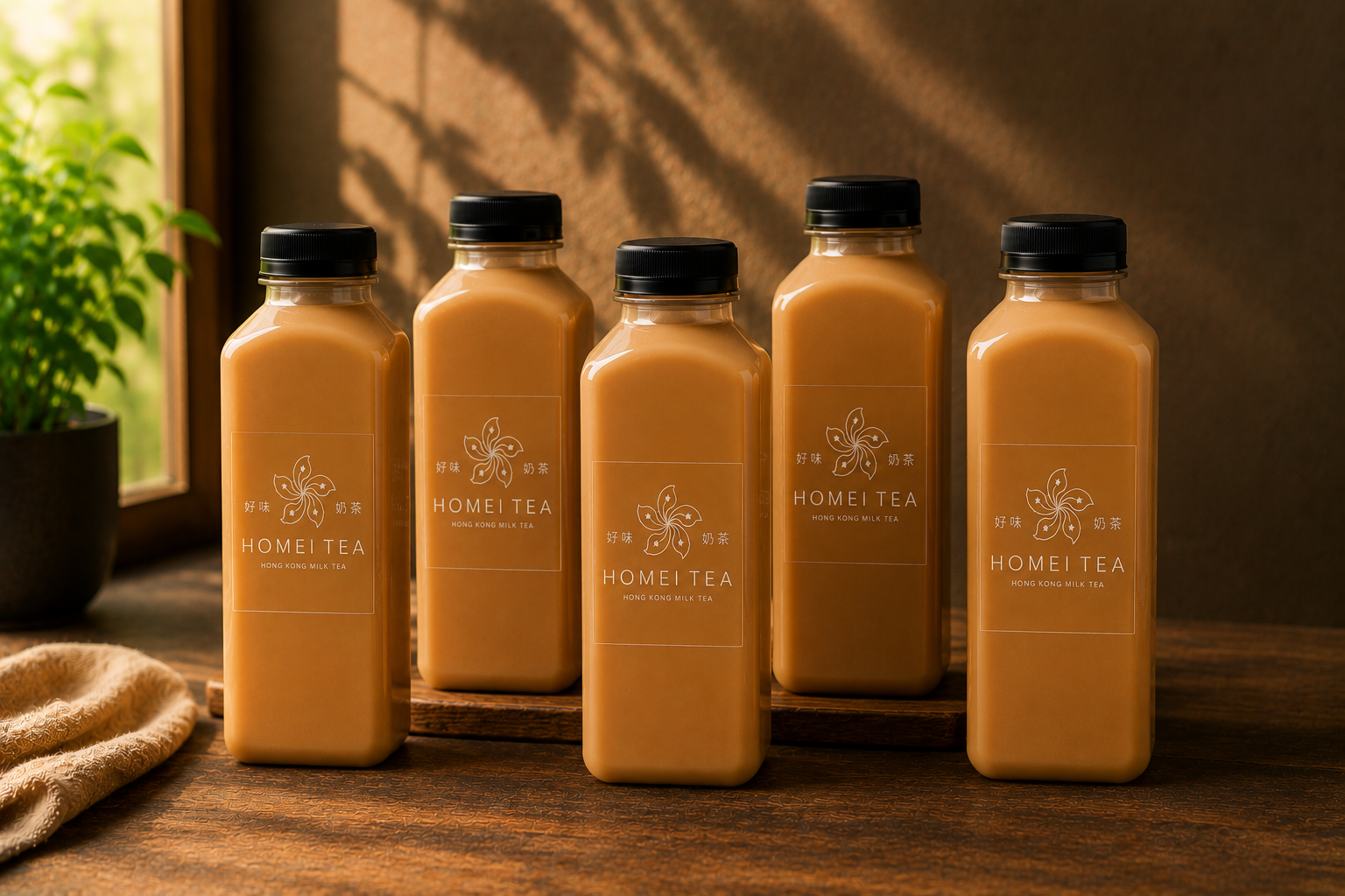 Five bottles of Homei Tea Hong Kong milk tea