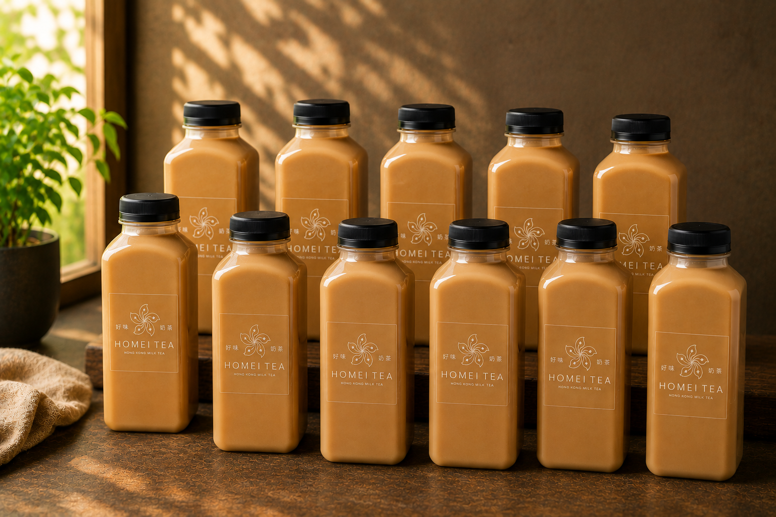Ten bottles of Homei Tea Hong Kong milk tea